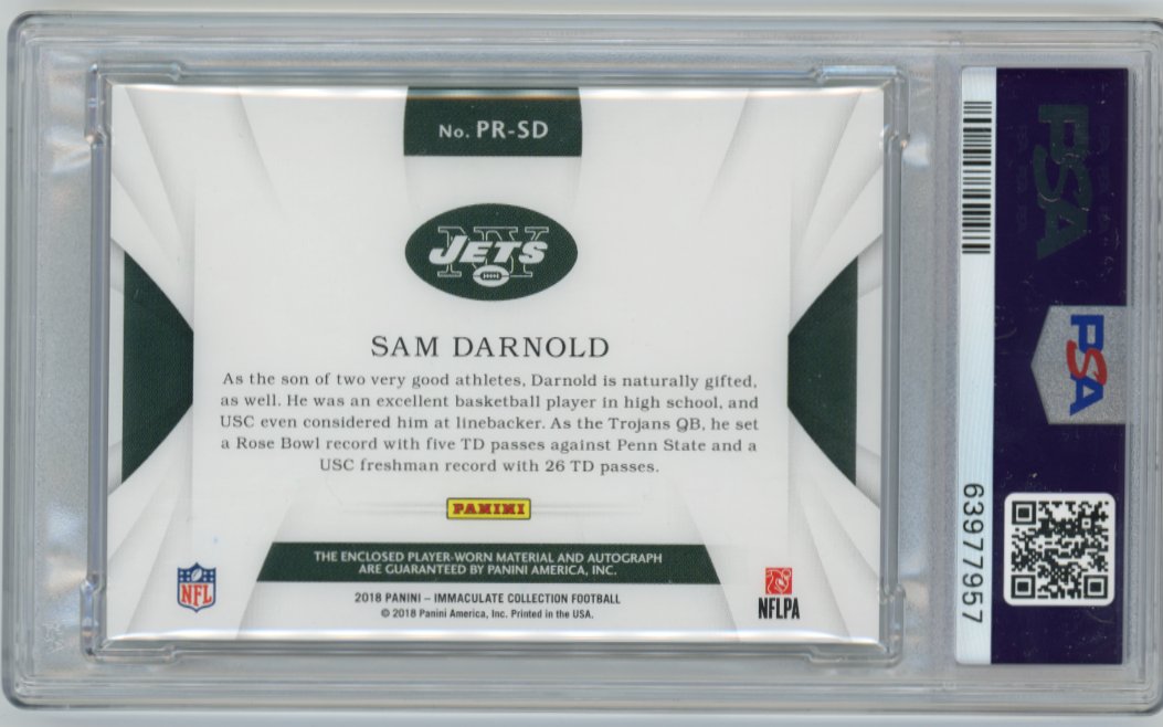 2018 Panini Immaculate Sam Darnold RC #PR-SD - #/12 Patch Autograph PSA 9 49ers