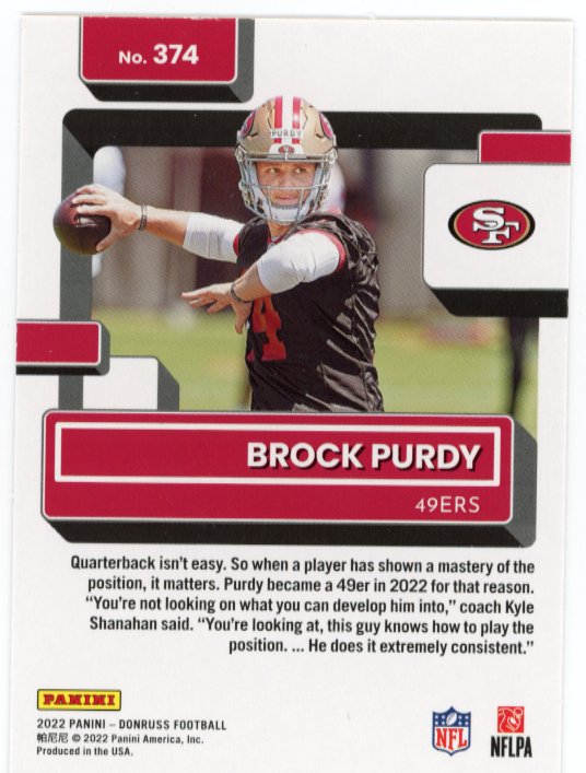 2022 Panini Donruss Brock Purdy Rated Rookie #374 - Press Proof Red 49ers