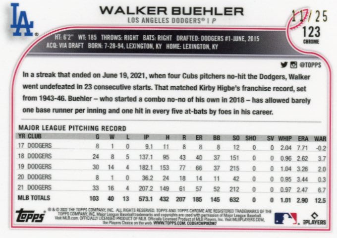 2022 Topps Chrome Walker Buehler #123 - #/25 Orange Dodgers