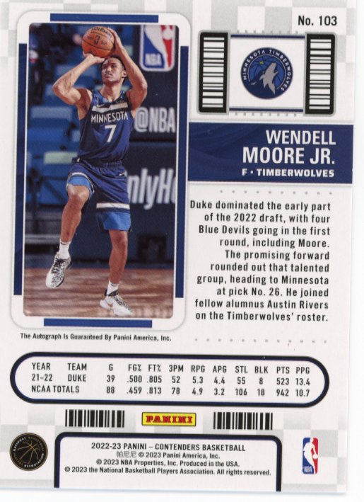 2022/23 Panini Contenders The Finals Ticket Wendell Moore Jr. RC #103 - #/49 Autograph Timberwolves