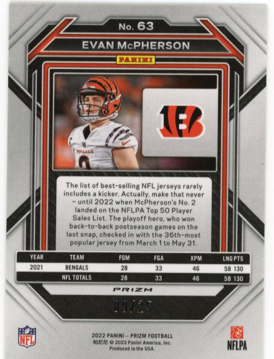 2022 Panini Prizm Evan McPherson #63 - #/25 Blue Shimmer Bengals