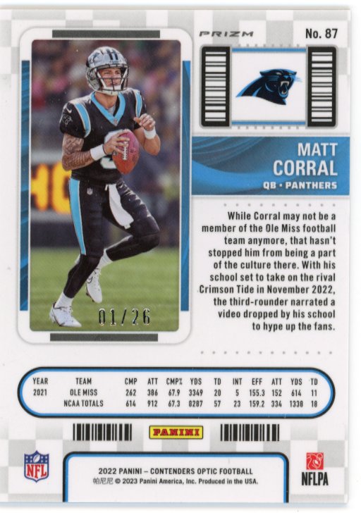 2022 Panini Contenders Optic Matt Corral Rookie Ticket #87 - #/26 Purple Pulsar