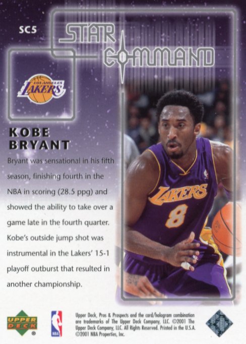 2001 Upper Deck Kobe Bryant Star Command #SC5 - Lakers