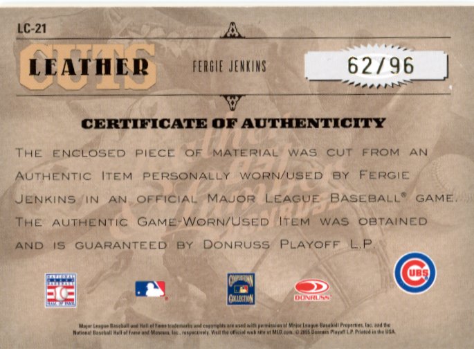 2005 Donruss Leather & Lumber Fergie Jenkins Leather Cuts #LC-21 - #/96 Patch Autographs Cubs