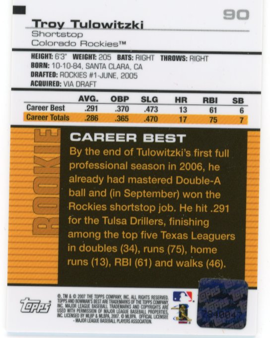2007 Topps Bowmans Best Troy Tulowitzki RC #90 - Autograph Rockies