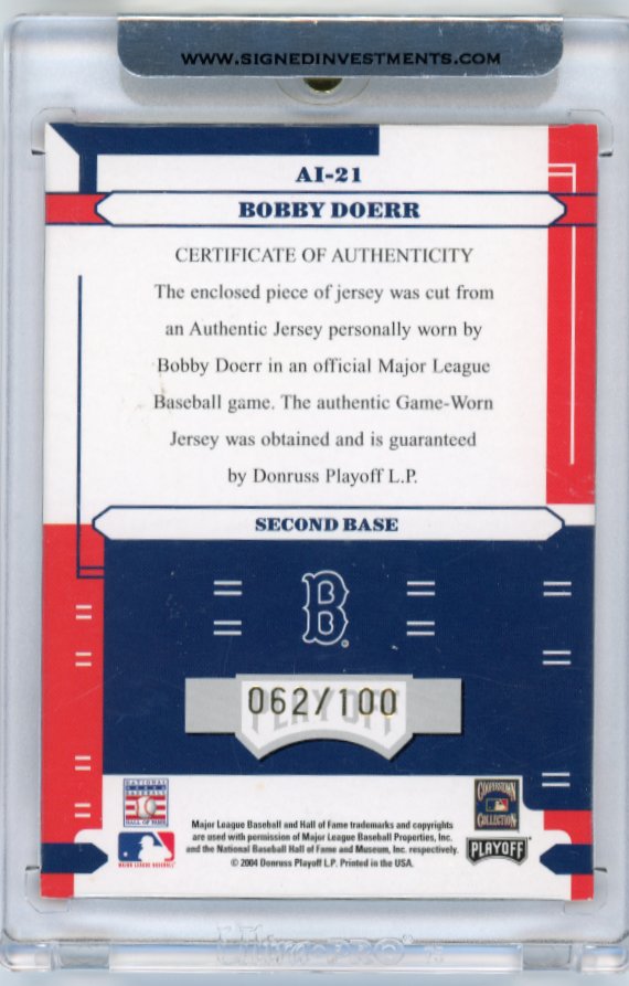 2004 Panini Absolute Bobby Doerr Absolutely Ink #AI-21 - #/100 Patch Autograph Red Sox