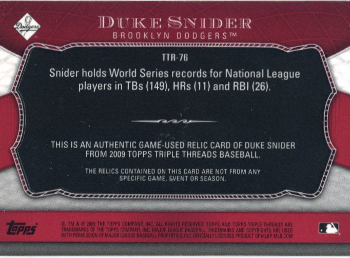 2009 Topps Triple Threads Duke Snider # TTR-76 - #/36 Triple Patch Dodgers
