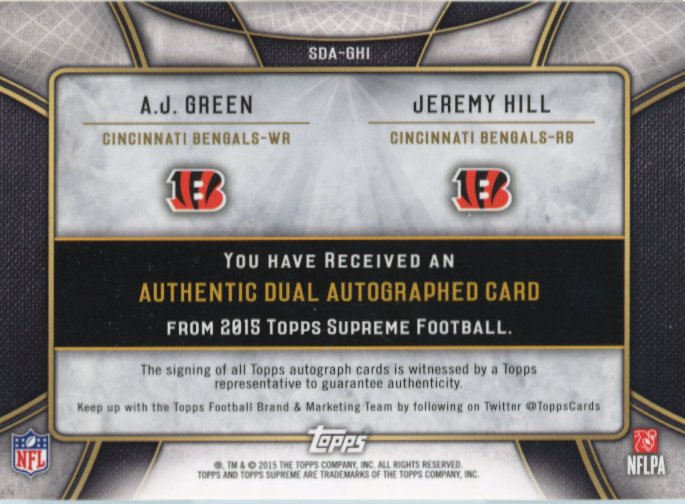 2015 Topps Supreme A.J Green & Jeremy Hill #SDA-GHI - #/25 Dual Autograph Bengals