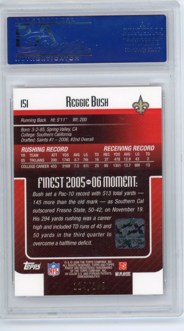 2006 Topps Finest Reggie Bush #151 - #/199 Autograph Saints PSA 9