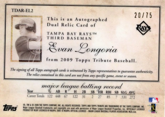2009 Topps Tribute Evan Longoria # TDAR-EL2 - #/75 Dual Relic Autograph Giants