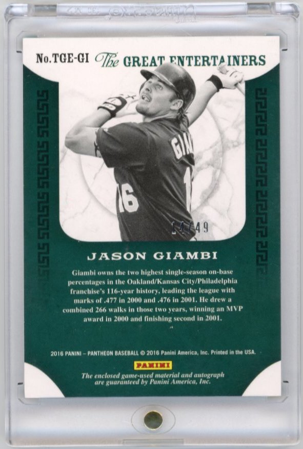 2016 Panini Pantheon Jason Giambi The Great Entertainers #TGE-GI - #/49 Triple Patch Autograph A's