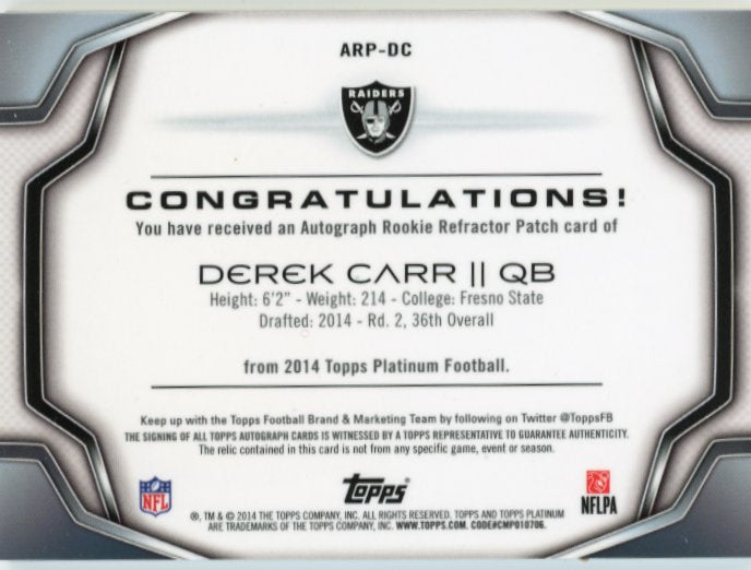 2014 Topps Platinum Derek Carr RC #ARP-DC - Patch Autograph Saints