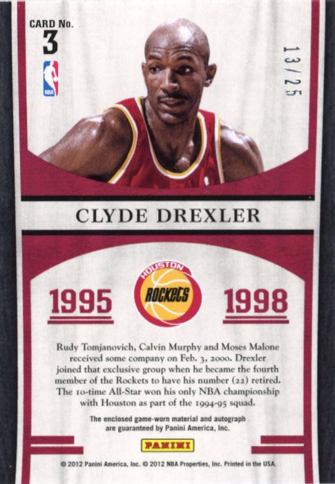 2012 Panini Limited Clyde Drexler Retired Numbers #3 - #/25 Patch Autograph Rockets