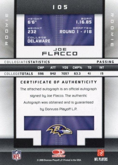 2008 Donruss Elite Joe Flacco RC #105 - #/299 Autograph Ravens