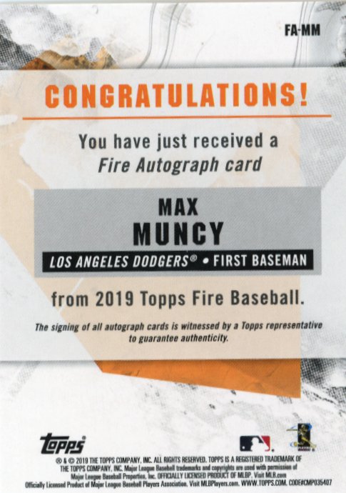 2019 Topps Fire Max Muncy #FA-MM - Autograph Dodgers