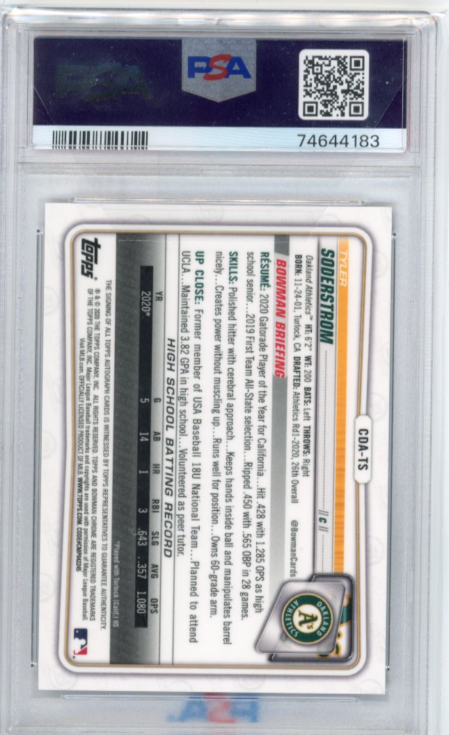 2020 Topps Bowman Chrome Tyler Soderstrom 1st Bowman #CDA-TS - #/250 Autograph Purple A's PSA 9