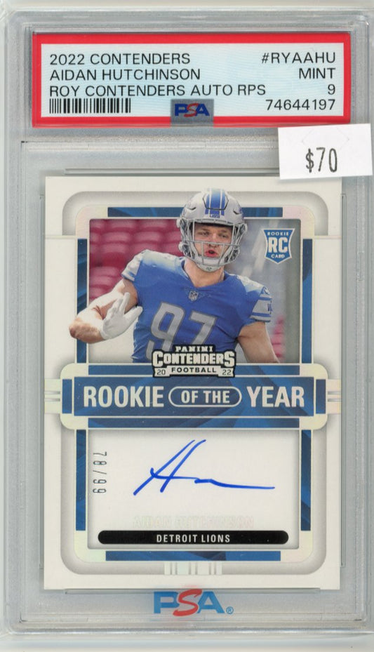 2022 Panini Contenders Aidan Hutchinson Rookie of the Year RC #RYA-AHU - #/99 Autograph Lions PSA 9