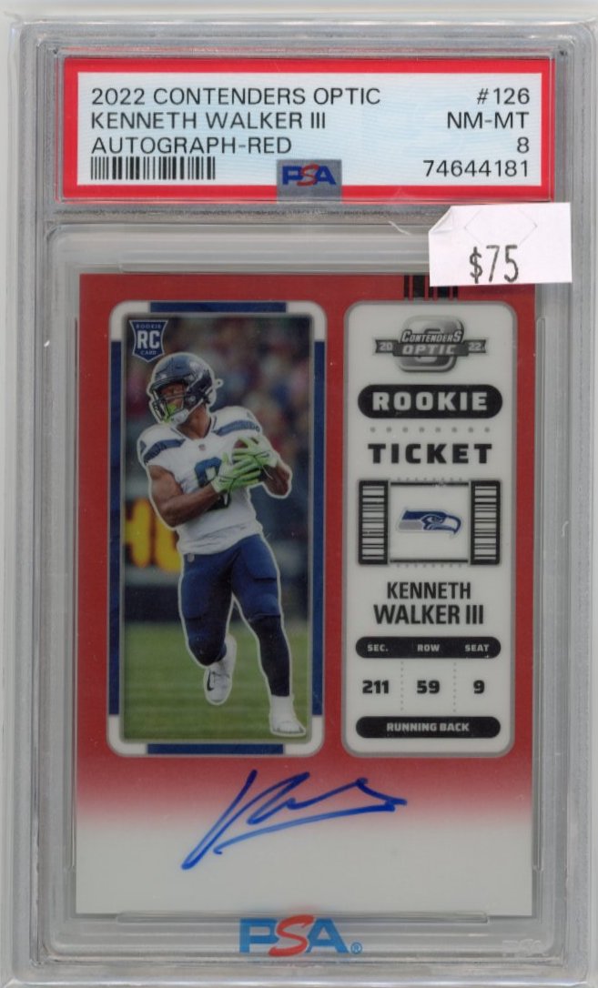 2022 Panini Contenders Optic Kenneth Walker III Rookie Ticket RC #126 - #/149 Autograph Red Seahawks PSA 8