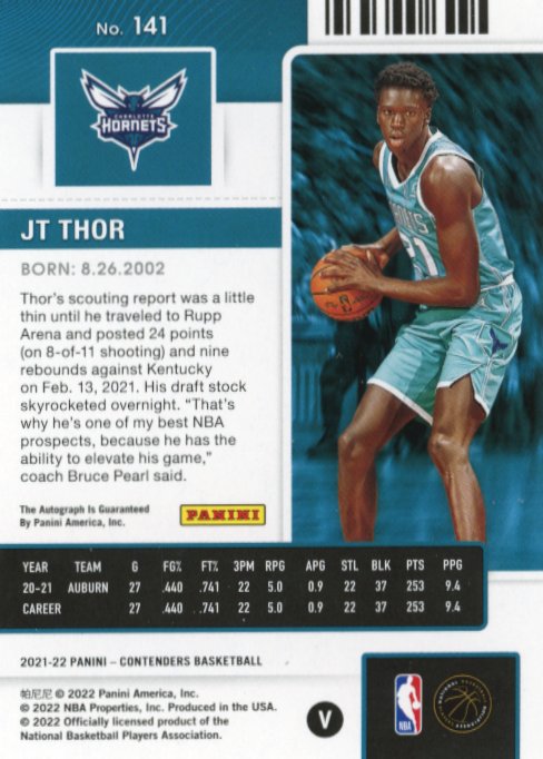 2021/22 Panini Contenders JT Thor Rookie Ticket RC #141 - Autograph Cracked Ice Hornets