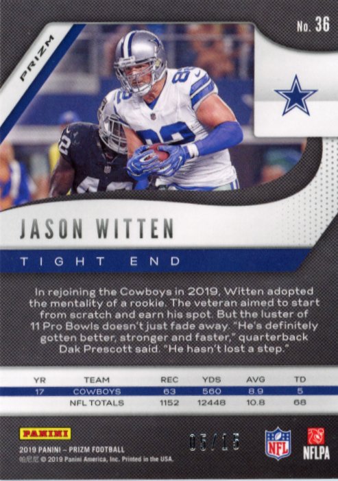 2019 Panini Prizm Jason Witten #36 - #/15 Red Cowboys