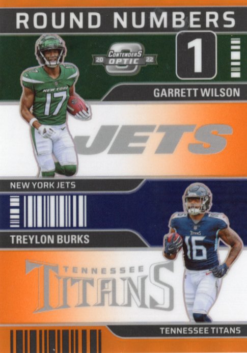 2022 Panini Contenders Optic Garrett Wilson & Treylon Burks Round Numbers # RN-2 - #/50 Orange Jets & Titans