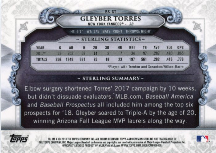 2018 Topps Bowman Sterling Gleyber Torres #BS-GT - #/150 Cracked Ice Yankees