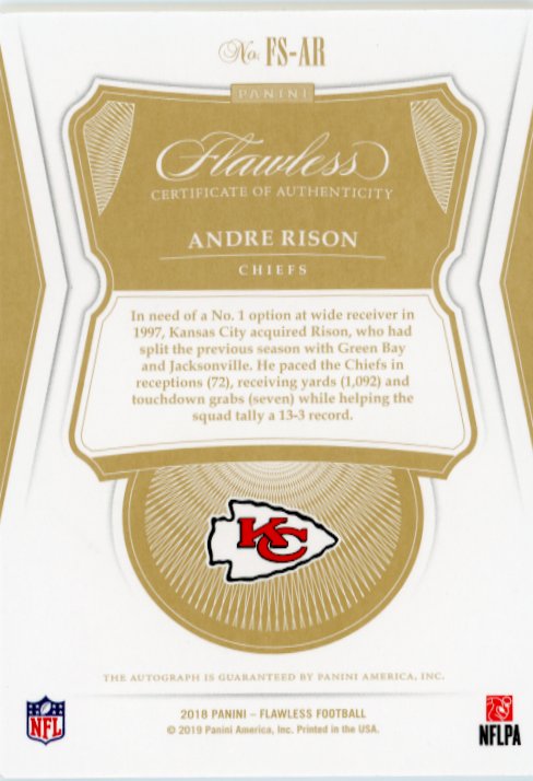 2018 Panini Flawless Andre Rison #FS-AR - #/5 Autograph SIlver Refractor Chiefs