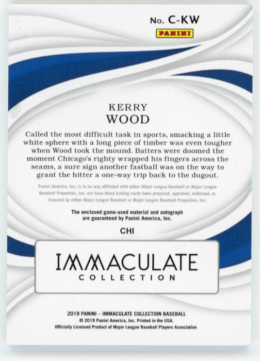 2019 Panini Immaculate Collection Kerry Wood Cowhide #C-KW - #/25 Patch Autograph Gold Cubs
