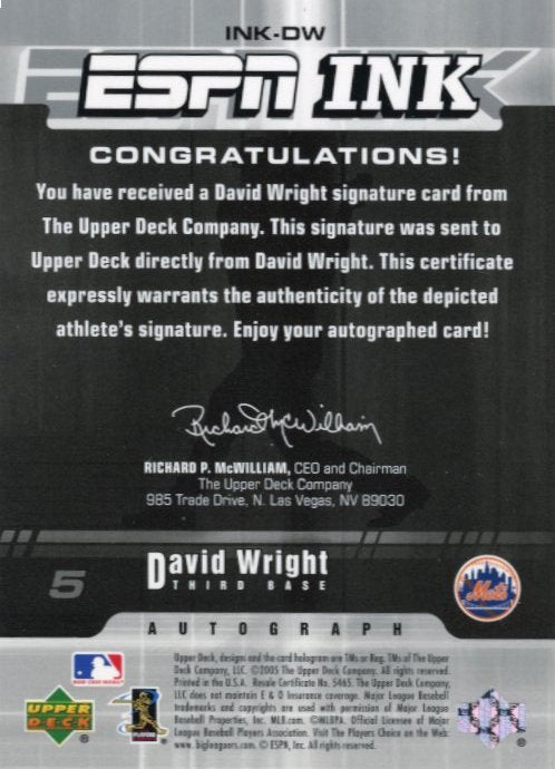 2005 Upper Deck ESPN Ink David Wright #INK-DW - Autograph Mets