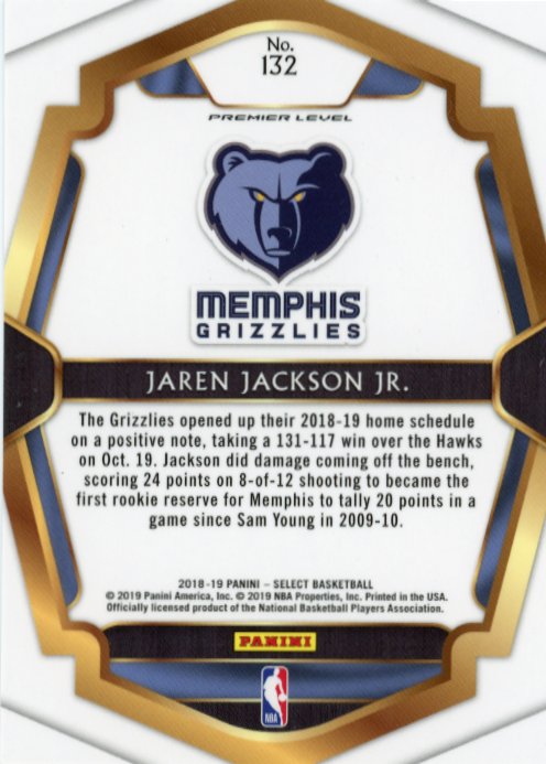 2018/19 Panini Select Jaren Jackson Jr. RC #132 - Premier Level Grizzlies