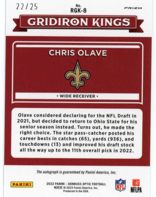 2022 Panini Donruss Optic Chris Olave RC #RGK-8 - #/25 Purple Stars Autograph Saints