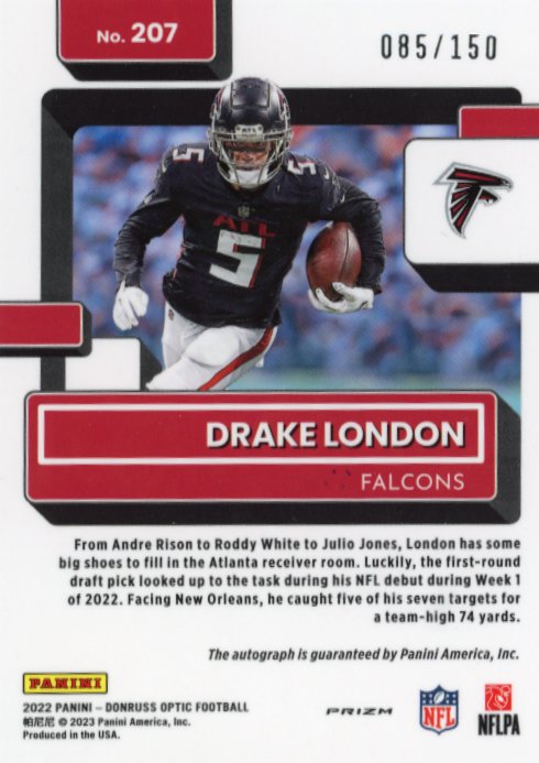 2022 Panini Donruss Optic Drake London Rated Rookie #207 - #/150 Autograph Falcons