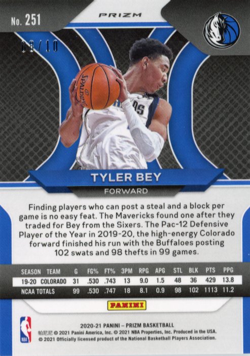 2020/21 Panini Prizm Tyler Bey RC - #251 - #/10 Gold Shimmer Mavericks