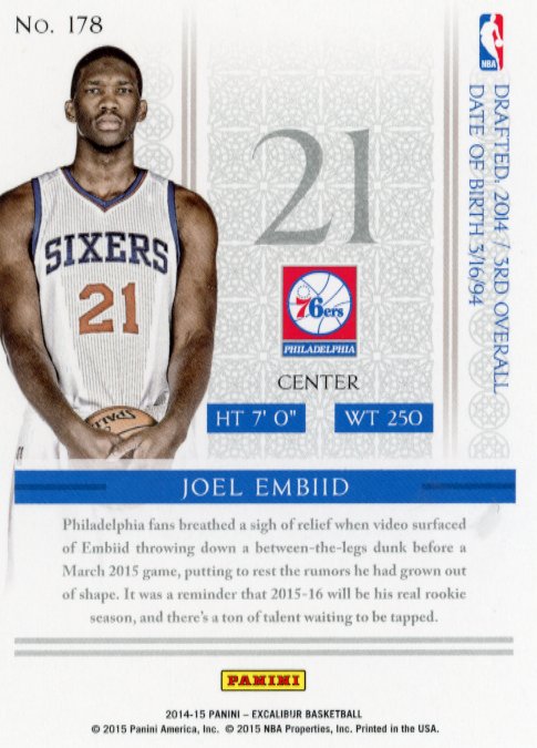 2014/15 Panini Excalibur Joel Embiid RC #178 - 76ers