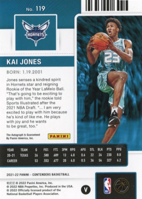 2021/22 Panini Contenders Kai Jones RC #119 - #/25 Cracked Ice Autograph Hornets