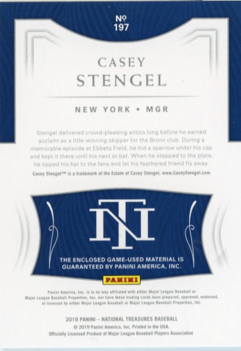 2019 Panini National Treasures Casey Stengel #197 - #/49 Patch Yankees