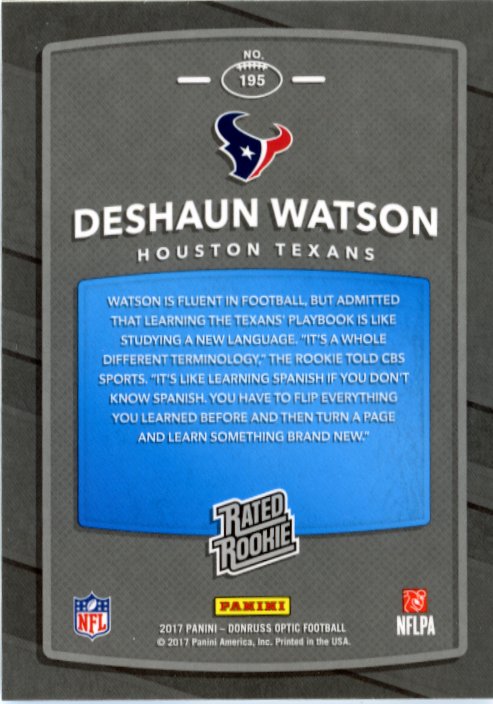 2017 Panini Donruss Optic Deshaun Watson Rated Rookie #195 - Texans