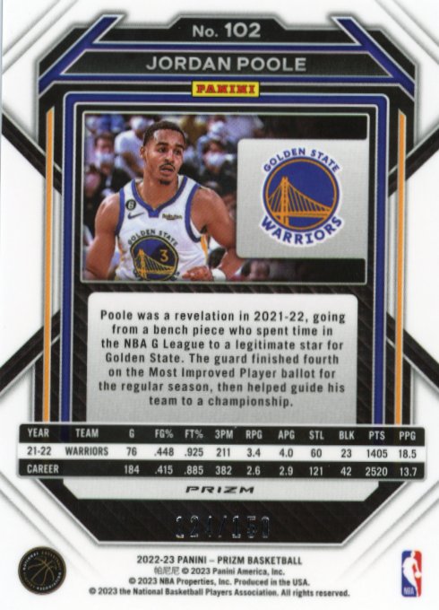 2022/23 Panini Prizm Jordan Poole #102 - Blue Disco #/150 Warriors