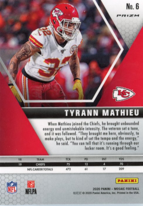 2020 Panini Mosaic Tyrann Mathieu #6 - White Sparkle Chiefs