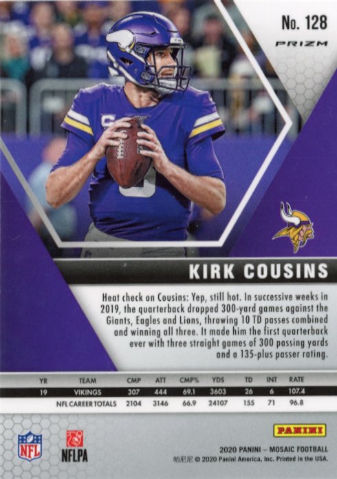 2020 Panini Mosaic Kirk Cousins #128 - White Sparkle Vikings