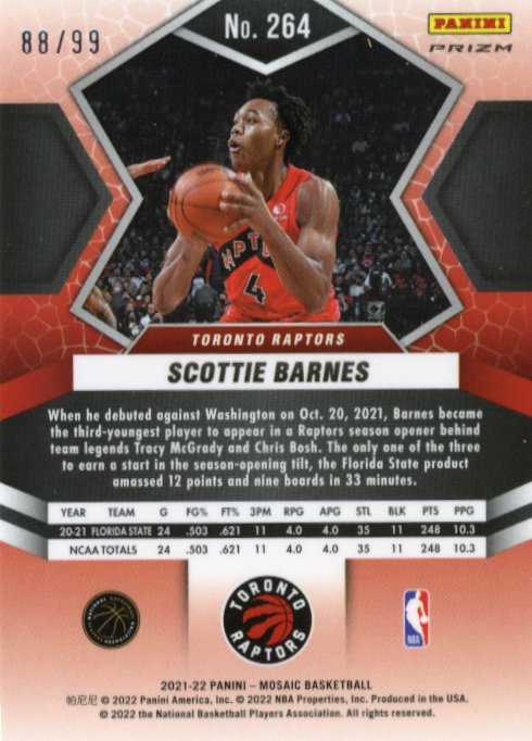 2021/22 Panini Mosaic Scottie Barnes RC #264 - Blue #/99 Raptors