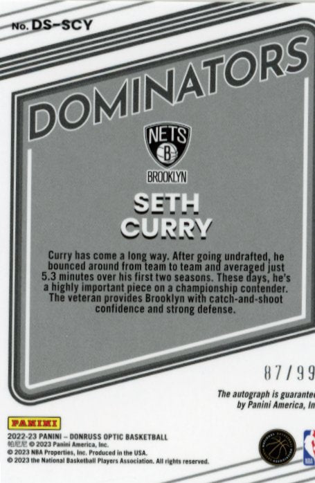 2022/23 Panini Donruss Optic Seth Curry Dominators #DS-SCV - Autograph #/99 Nets