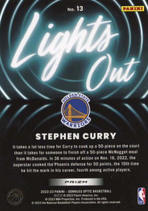 2022/23 Panini Donruss Optic Stephen Curry Lights Out #13 - Silver Warriors