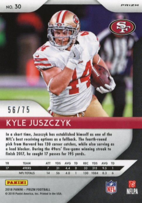 2018 Panini Prizm Kyle Juszczyk #30 - Green Cracked Ice #/75 49ers