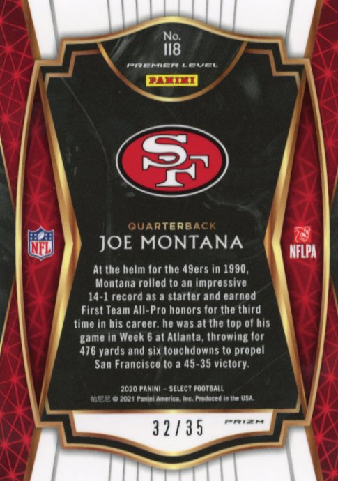 2020 Panini Select Joe Montana #118 - Silver Premier Level #/35 49ers