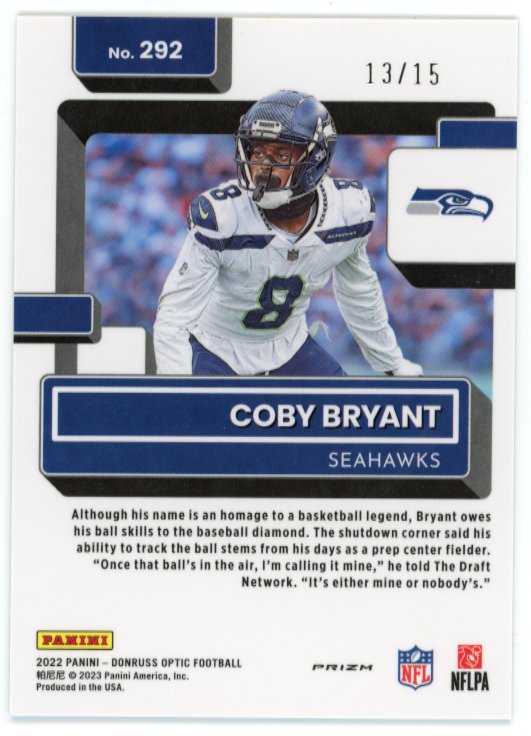 2022 Panini Donruss Optic Coby Bryant Rated Rookie #292 - Blue Cracked Ice #/15 Seahawks