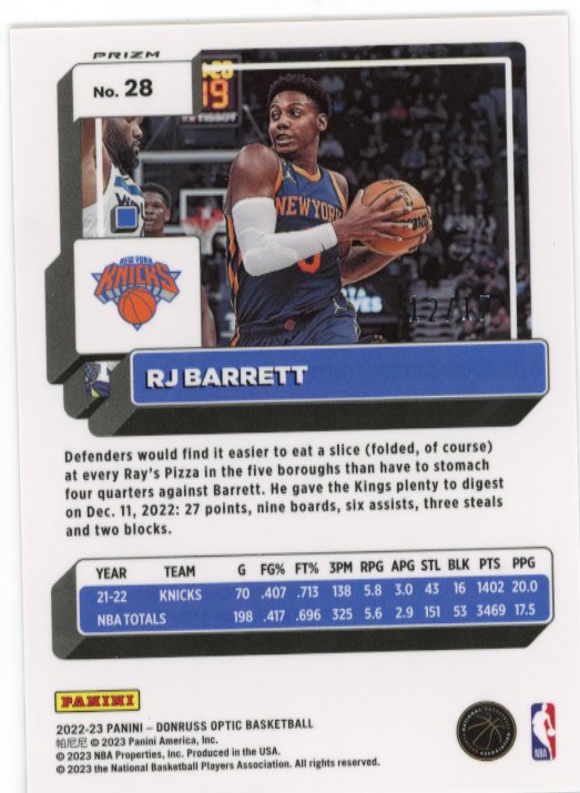 2022/23 Panini Donruss Optic RJ Barrett #28 - Purple Stars #/17 Knicks