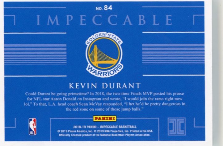 2018/19 Panini Impeccable Kevin Durant #84 - Fine Silver Bar #/22 Warriors