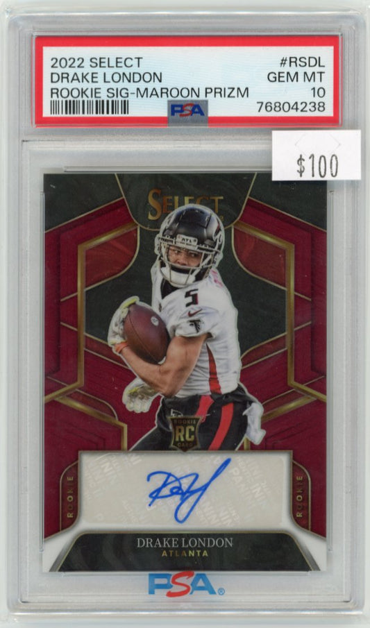 2022 Panini Select Drake London RC #RS-DL - Autograph Maroon #/60 PSA 10 Falcons