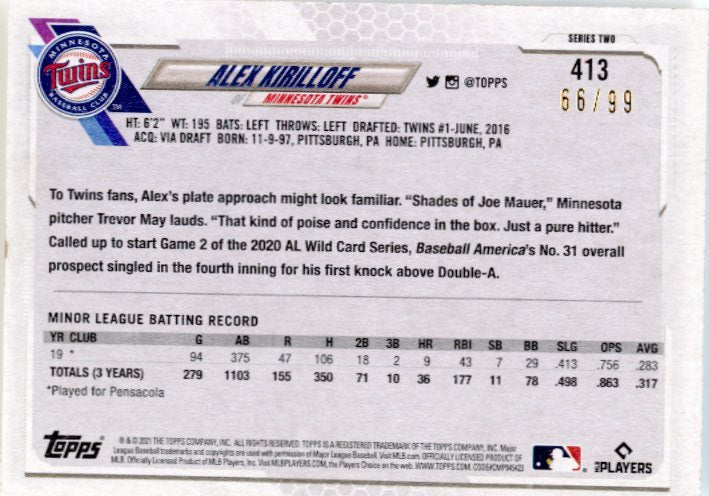 2021 Topps Alex Kirilloff RC #413 - #/99 Twins